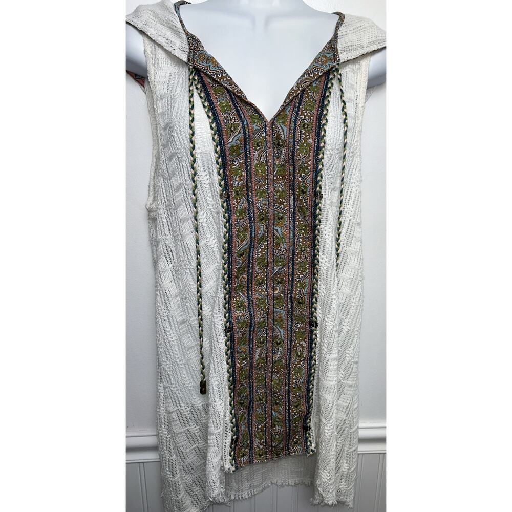 Free People Coverup Top M Hooded Crochet Sleeveless Embroidered Beaded Ivory